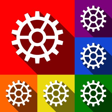 Gear sign. Vector. Set of icons with flat shadows at red, orange, yellow, green, blue and violet background.のイラスト素材