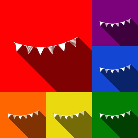 Holiday flags garlands sign. Vector. Set of icons with flat shadows at red, orange, yellow, green, blue and violet background.のイラスト素材
