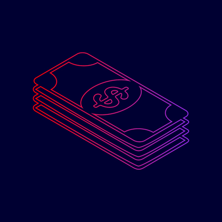 Bank Note dollar sign. Vector. Line icon with gradient from red to violet colors on dark blue background.のイラスト素材