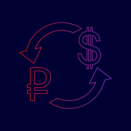 Currency exchange sign. Rouble and US Dollar Vector. Line icon with gradient from red to violet colors on dark blue background.のイラスト素材