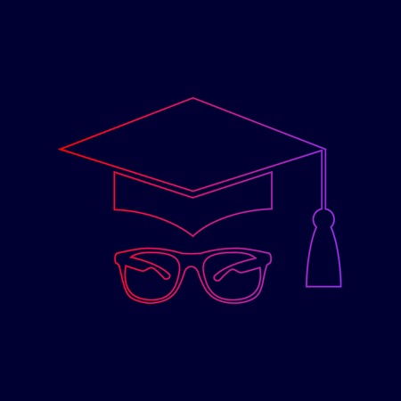 Mortar Board or Graduation Cap with glass. Vector. Line icon with gradient from red to violet colors on dark blue background.のイラスト素材