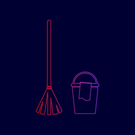 Broom and bucket sign. Vector. Line icon with gradient from red to violet colors on dark blue background.のイラスト素材