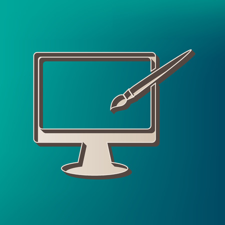 Monitor with brush sign. Vector. Icon printed at 3d on sea color background.のイラスト素材