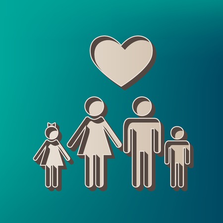 Family symbol with heart. Husband and wife are kept childrens hands. Love. Vector. Icon printed at 3d on sea color background.のイラスト素材