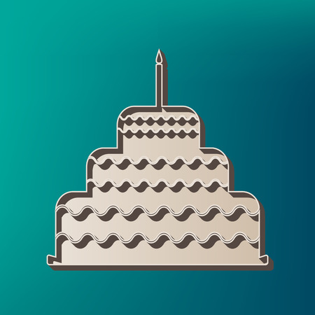 Cake with candle sign. Vector. Icon printed at 3d on sea color background.