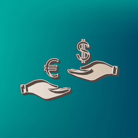 Currency exchange from hand to hand. Euro and Dollar. Vector. Icon printed at 3d on sea color background.のイラスト素材