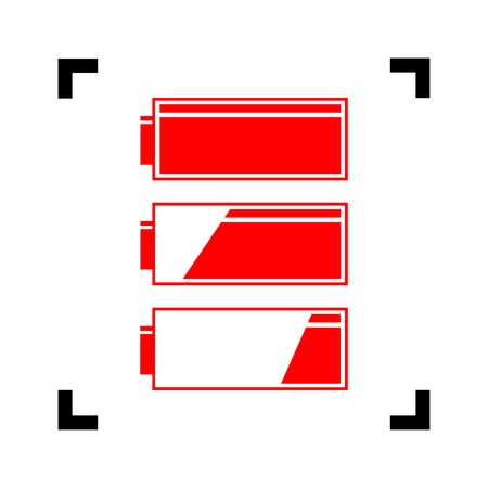 Set of battery charge level indicators. Vector. Red icon inside black focus corners on white background. Isolated.のイラスト素材