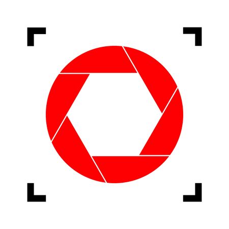 Photo sign illustration. Vector. Red icon inside black focus corners on white background. Isolated.のイラスト素材