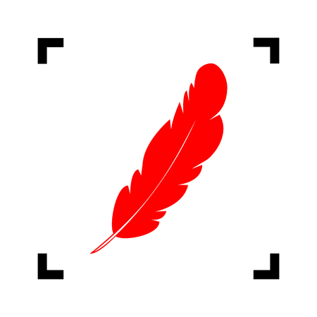 Feather sign illustration. Vector. Red icon inside black focus corners on white background. Isolated.のイラスト素材