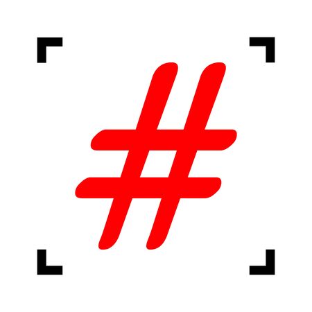 Hashtag sign illustration. Vector. Red icon inside black focus corners on white background. Isolated.のイラスト素材