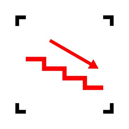 Stair down with arrow. Vector. Red icon inside black focus corners on white background. Isolated.のイラスト素材