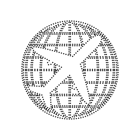 Globe and plane travel sign. Vector. Black dotted icon on white background. Isolated.のイラスト素材