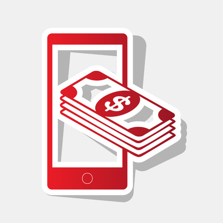 Payment, refill your mobile smart phone,. Vector. New year reddish icon with outside stroke and gray shadow on light gray background.のイラスト素材