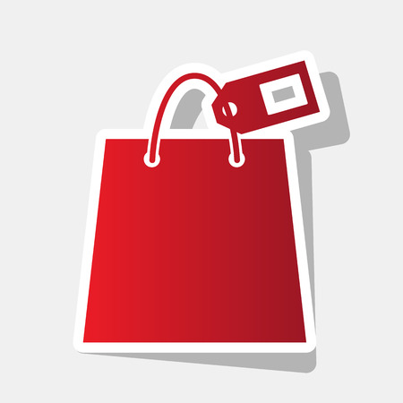 Shopping bag sign with tag. Vector. New year reddish icon with outside stroke and gray shadow on light gray background.のイラスト素材