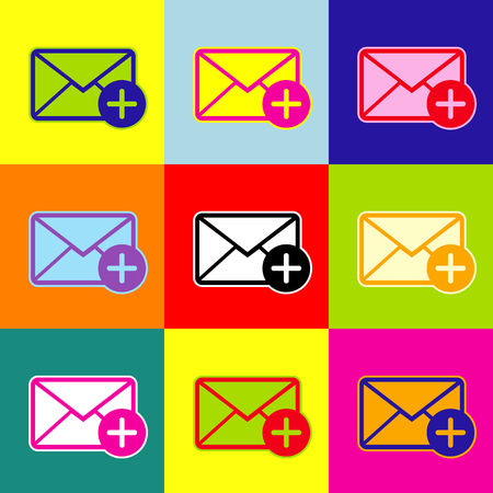 Mail sign illustration with add mark. Vector. Pop-art style colorful icons set with 3 colors.のイラスト素材