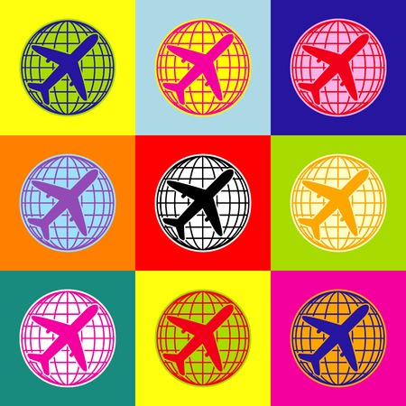 Globe and plane travel sign. Vector. Pop-art style colorful icons set with 3 colors.のイラスト素材