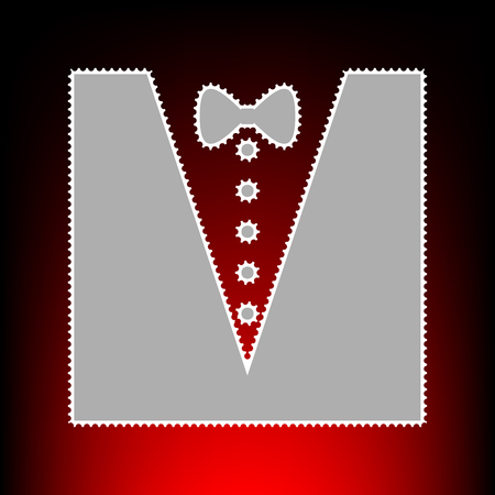 Tuxedo with bow silhouette. Postage stamp or old photo style on red-black gradient background.のイラスト素材