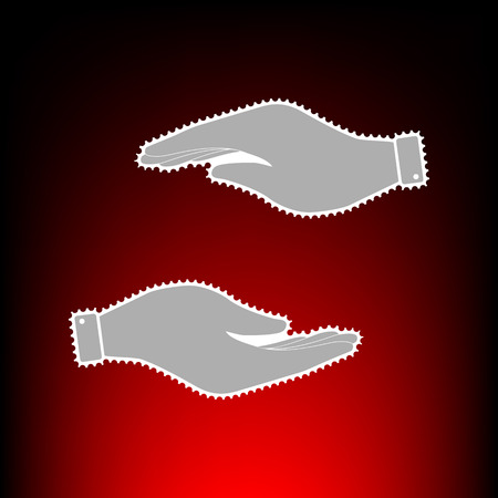 Hand sign illustration. Postage stamp or old photo style on red-black gradient background.のイラスト素材