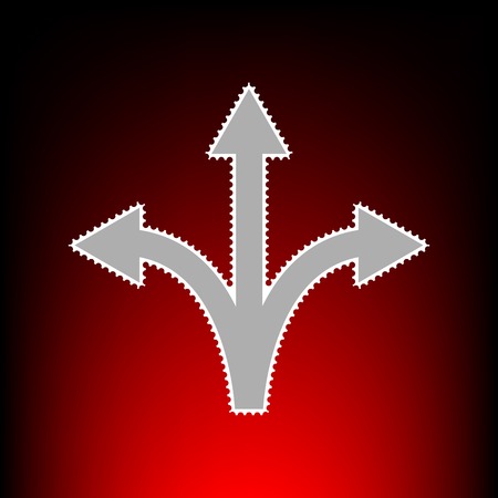 Three-way direction arrow sign. Postage stamp or old photo style on red-black gradient background.