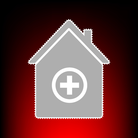 Hospital sign illustration. Postage stamp or old photo style on red-black gradient background.のイラスト素材