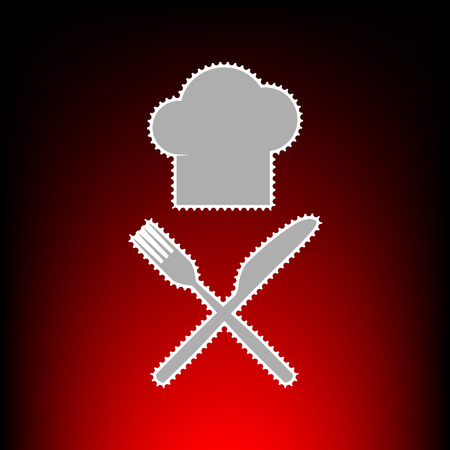 Chef with knife and fork sign. Postage stamp or old photo style on red-black gradient background.のイラスト素材