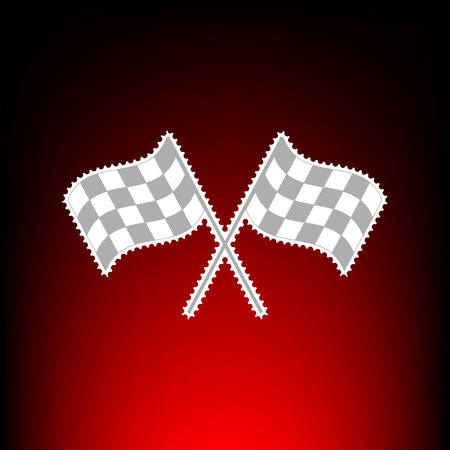 Crossed checkered flags logo waving in the wind conceptual of motor sport. Postage stamp or old photo style on red-black gradient background.のイラスト素材