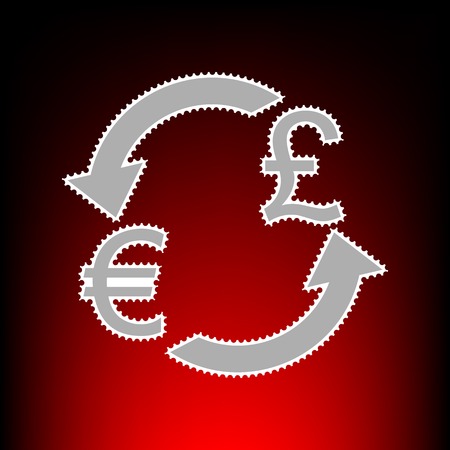 Currency exchange sign. Euro and UK Pound. Postage stamp or old photo style on red-black gradient background.のイラスト素材