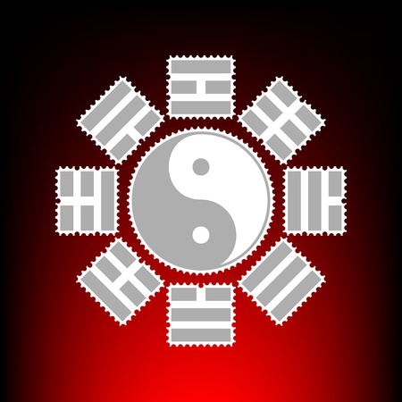 Yin and yang sign with bagua arrangement. Postage stamp or old photo style on red-black gradient background.のイラスト素材