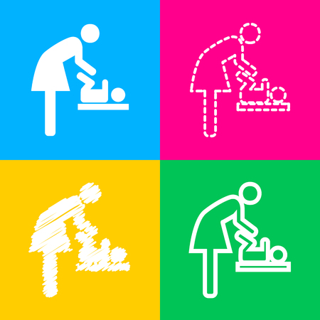 Symbol for women and baby, baby changing. Four styles of icon on four color squares.のイラスト素材