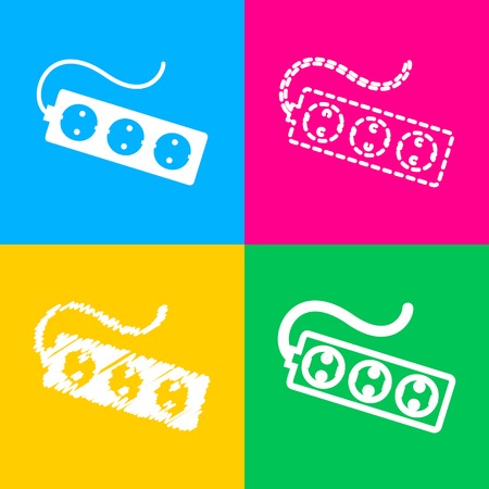 Electric extension plug sign. Four styles of icon on four color squares.
