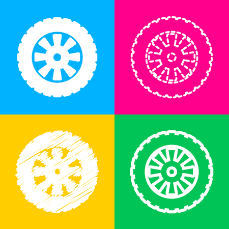 Road tire sign. Four styles of icon on four color squares.のイラスト素材