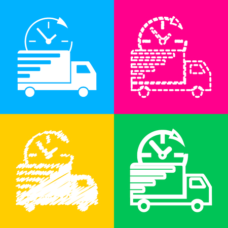 Delivery sign illustration. Four styles of icon on four color squares.のイラスト素材