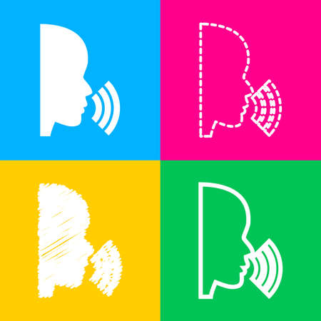People speaking or singing sign. Four styles of icon on four color squares.のイラスト素材