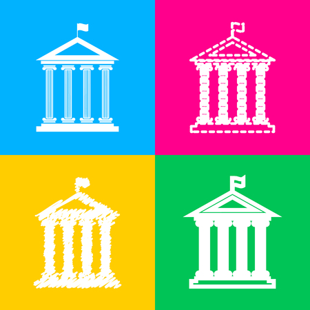 Historical building with flag. Four styles of icon on four color squares.のイラスト素材