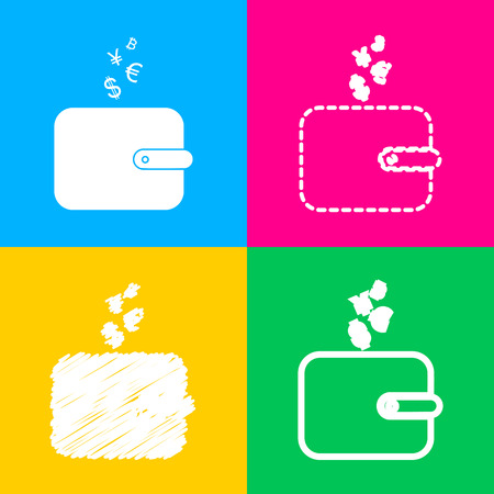 Wallet sign with currency symbols. Four styles of icon on four color squares.のイラスト素材