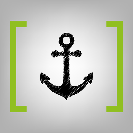 Alarm clock sign. Vector. Black scribble icon in citron brackets on grayish background.のイラスト素材