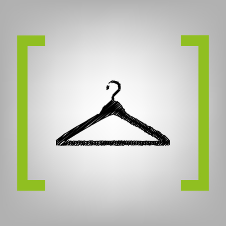Hanger sign illustration. Vector. Black scribble icon in citron brackets on grayish background.のイラスト素材