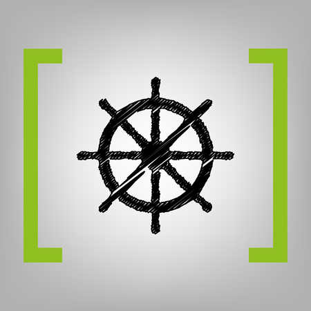 Ship wheel sign. Vector. Black scribble icon in citron brackets on grayish background.の写真素材