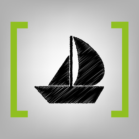 Sail Boat sign. Vector. Black scribble icon in citron brackets on grayish background.の写真素材