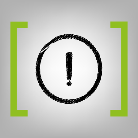 Exclamation mark sign. Vector. Black scribble icon in citron brackets on grayish background.のイラスト素材