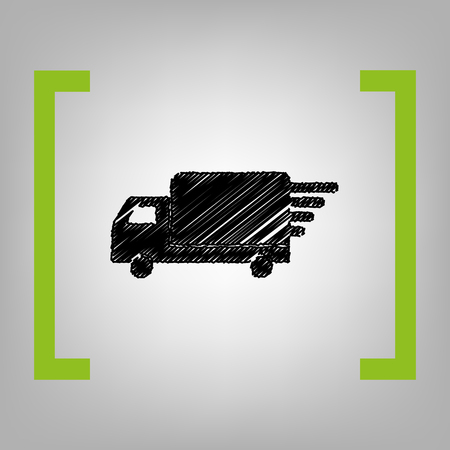 Delivery sign illustration. Vector. Black scribble icon in citron brackets on grayish background.のイラスト素材
