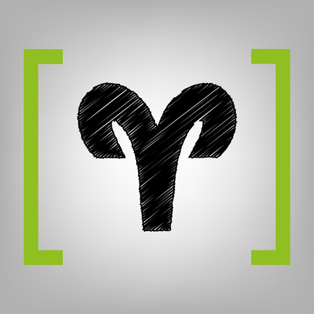 Aries sign illustration. Vector. Black scribble icon in citron brackets on grayish background.のイラスト素材
