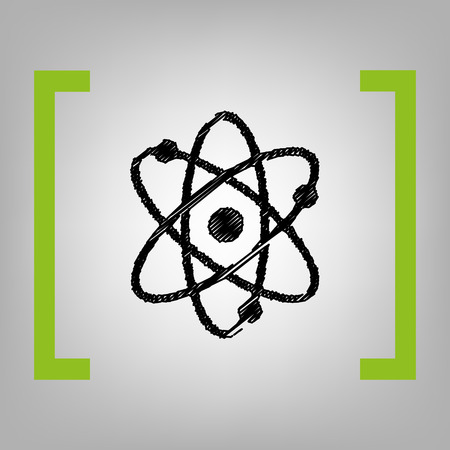 Atom sign illustration. Vector. Black scribble icon in citron brackets on grayish background.のイラスト素材