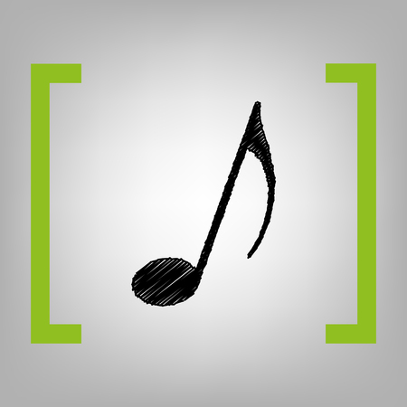Music note sign Vector black scribble icon in citron brackets on grayish background.のイラスト素材