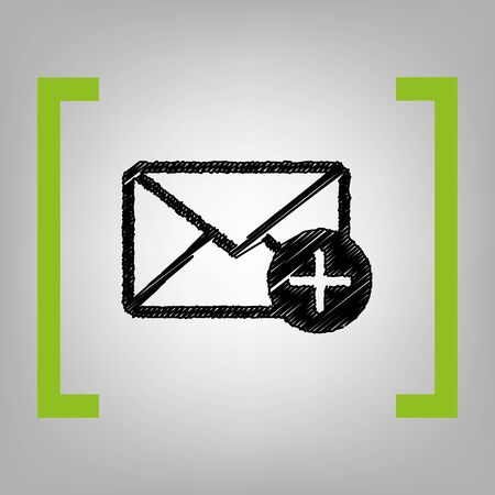 Mail sign illustration with add mark. Vector. Black scribble icon in citron brackets on grayish background.の写真素材