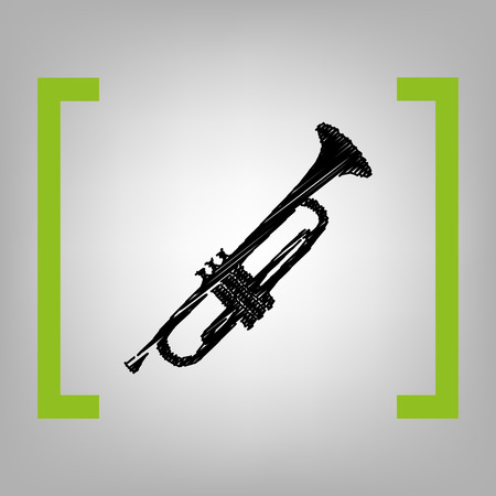 Musical instrument Trumpet sign. Vector. Black scribble icon in citron brackets on grayish background.の写真素材