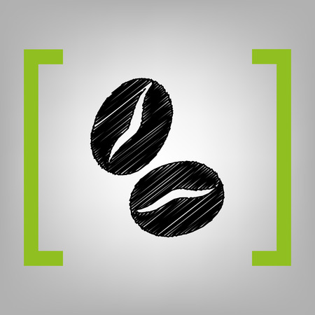 Coffee beans sign. Vector. Black scribble icon in citron brackets on grayish background.の写真素材