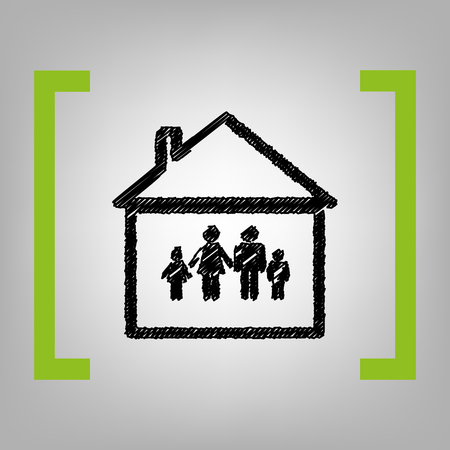 Family sign illustration. Vector. Black scribble icon in citron brackets on grayish background.のイラスト素材