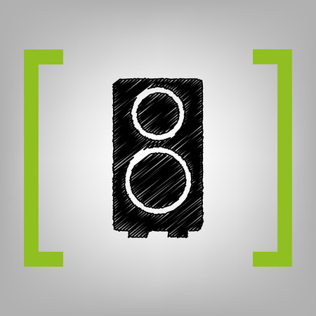 Speaker sign illustration. Vector. Black scribble icon in citron brackets on grayish background.のイラスト素材