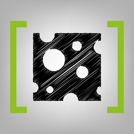 Cheese slice sign. Vector. Black scribble icon in citron brackets on grayish background.のイラスト素材